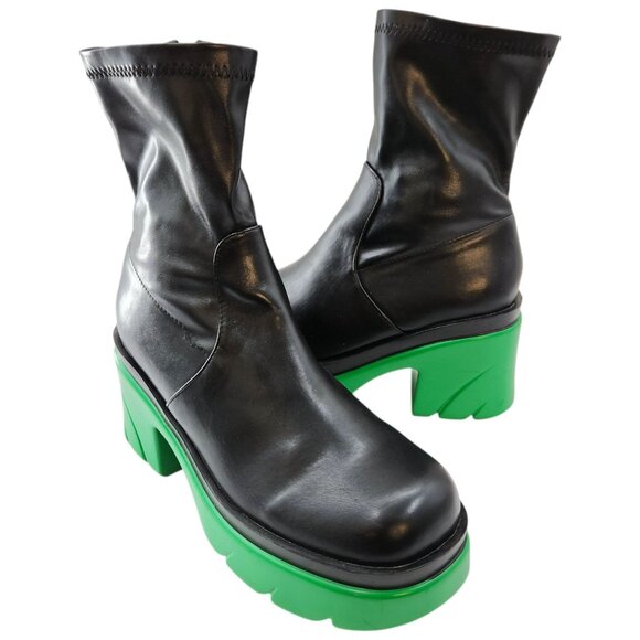 Cape Robbin Black Y2K Lug Mid-Calf Boots with Chunky Green Platform & Heel Sz 10 - Picture 1 of 13